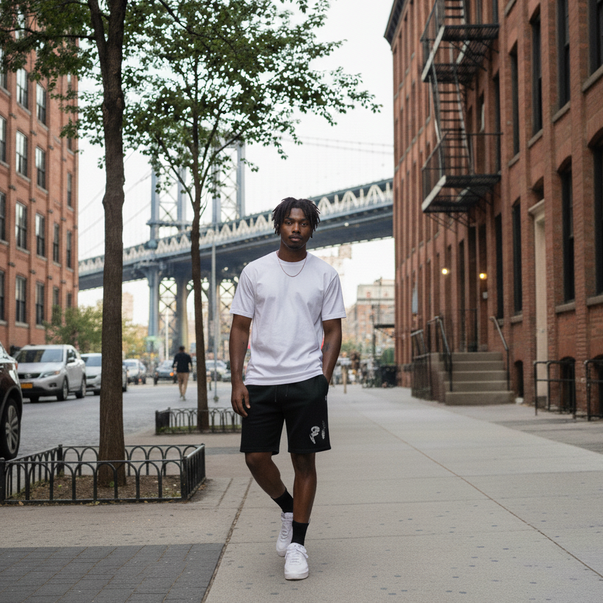 Man walking on a sidewalk with a bridge and urban buildings in the background